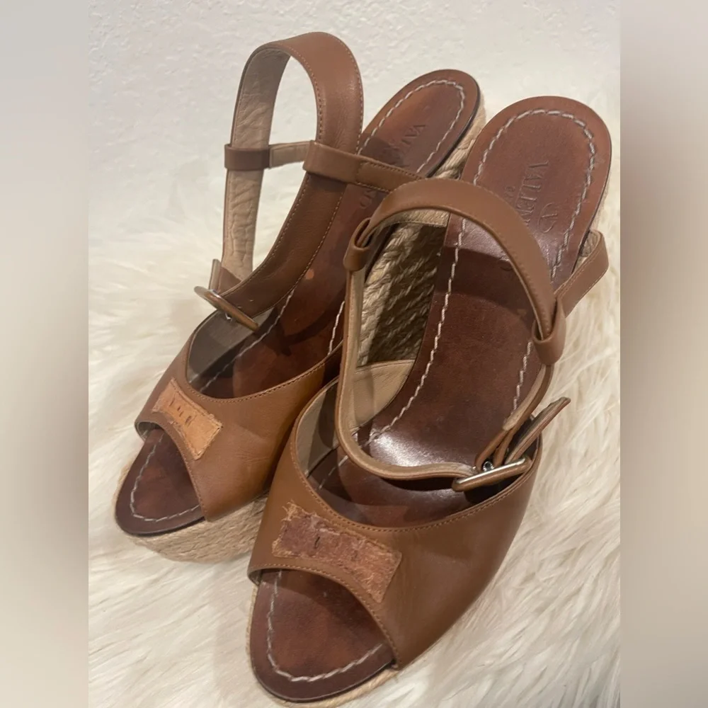 Valentino‎ Garavani Leather Espadrille Wedges Brown Bow Accents Wedge